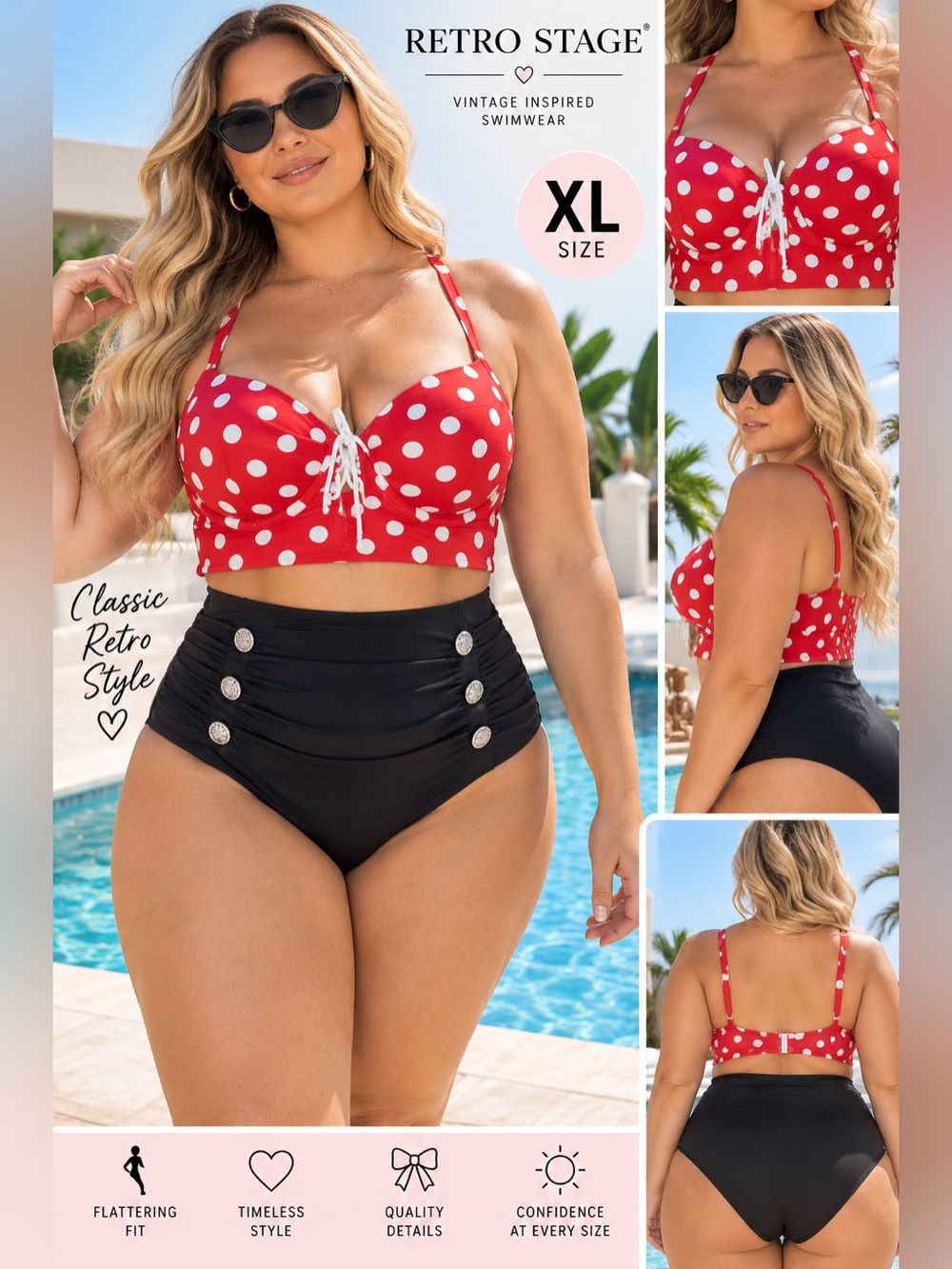 Retro Stage XL 1950s Pin Up Polka Dot
High Waist Bikini Swimsuit NWT